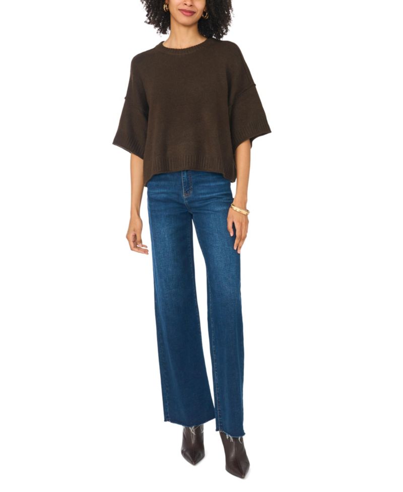Women's Elbow Length Exposed Seam Crew Crop Sweater