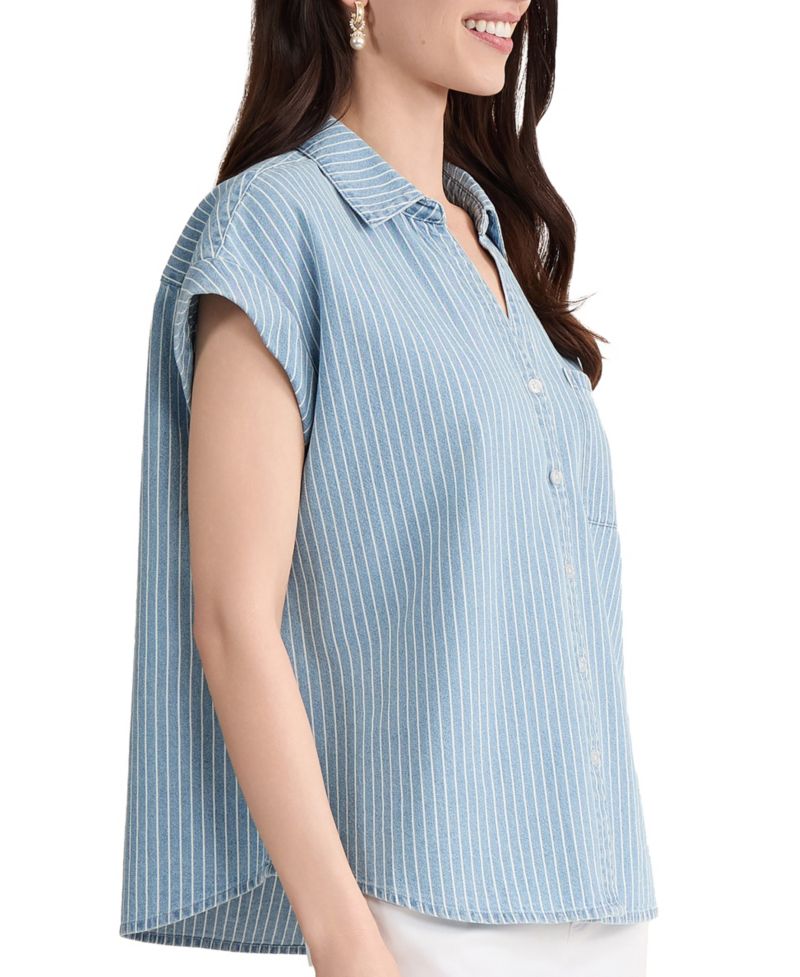 Petite Button-Front Collared Neck Top