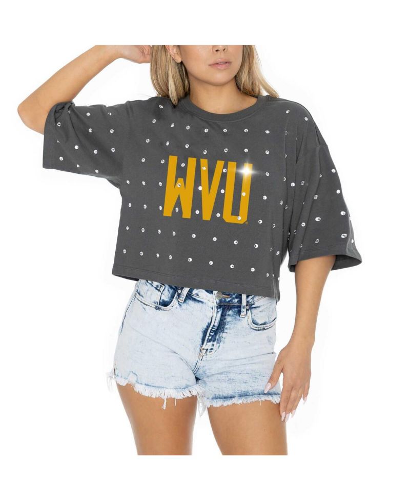 Women's Gray West Virginia Mountaineers Go Time Rhinestone Crop T-Shirt
