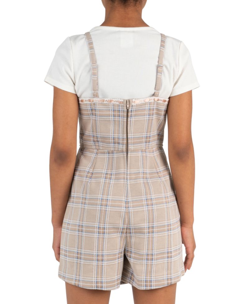 Girls' 7-16 Short-Sleeve T-Shirt and Plaid Woven Overlap Skirt Romper, 2-Piece Set