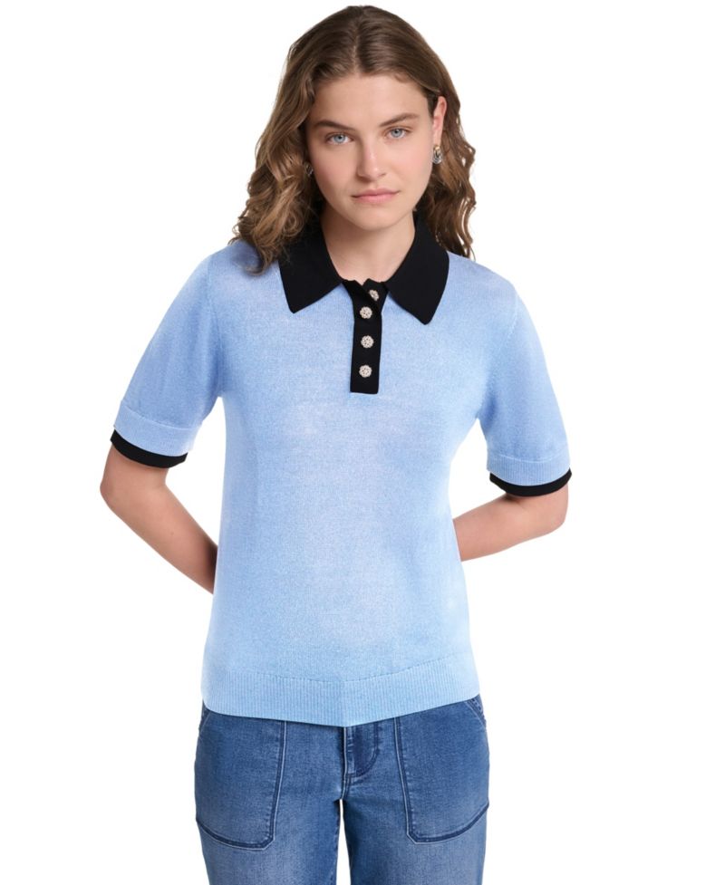 Petite Short-Sleeve Contrast Collar Sweater