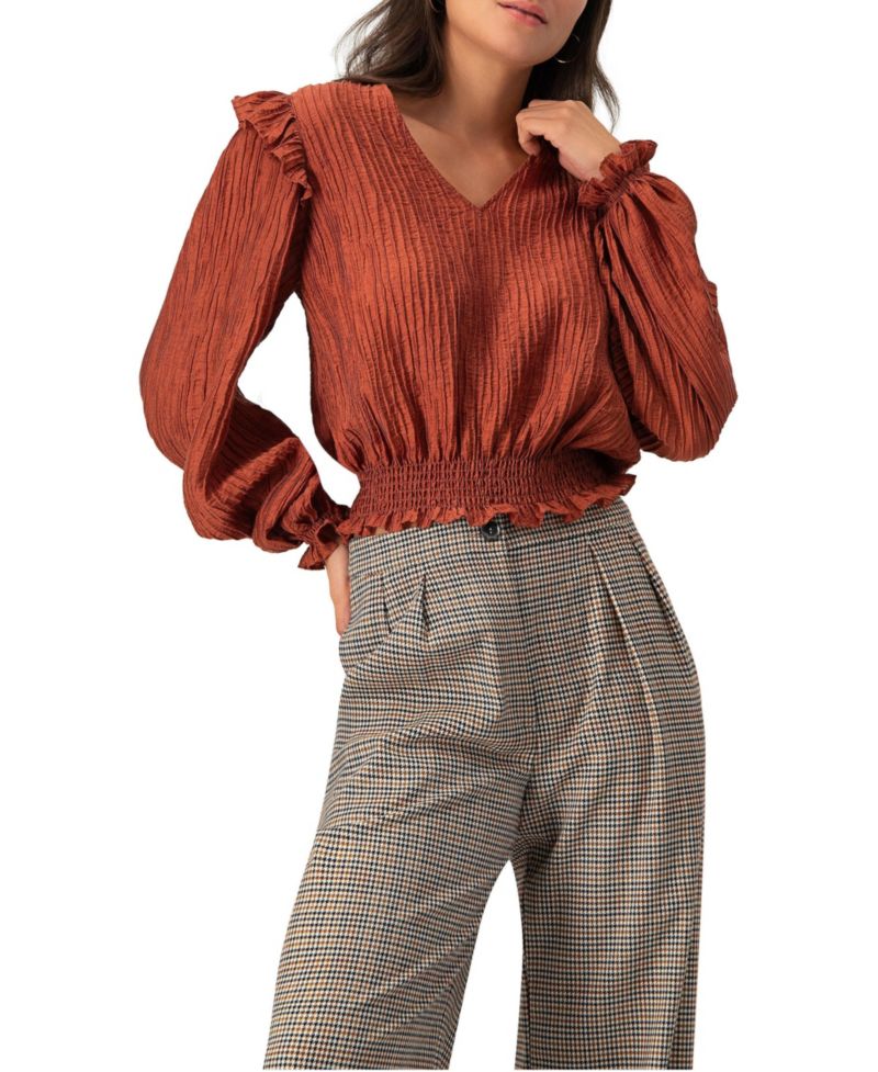 Women's V-Neck Smocked Blouse with Ruffle Sleeves