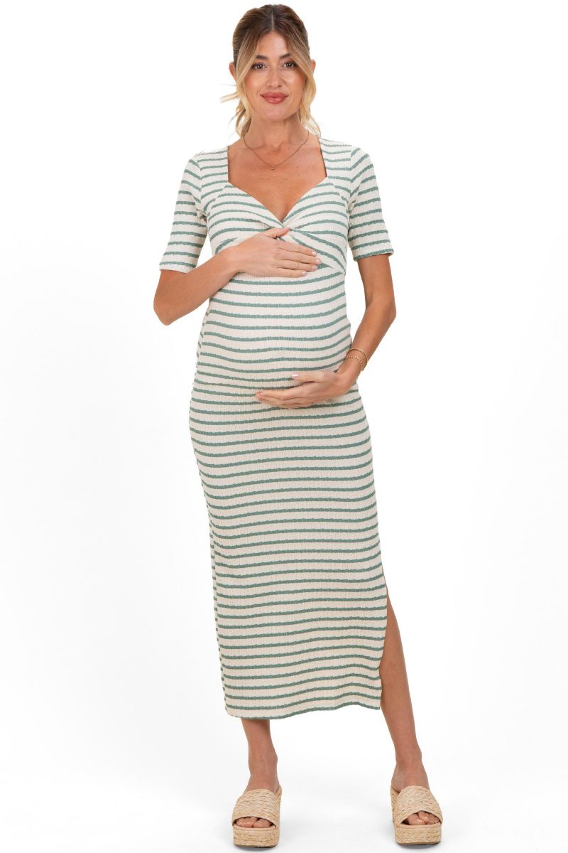 Women's Ivory Black Striped Knit Short Sleeve Maxi Dress