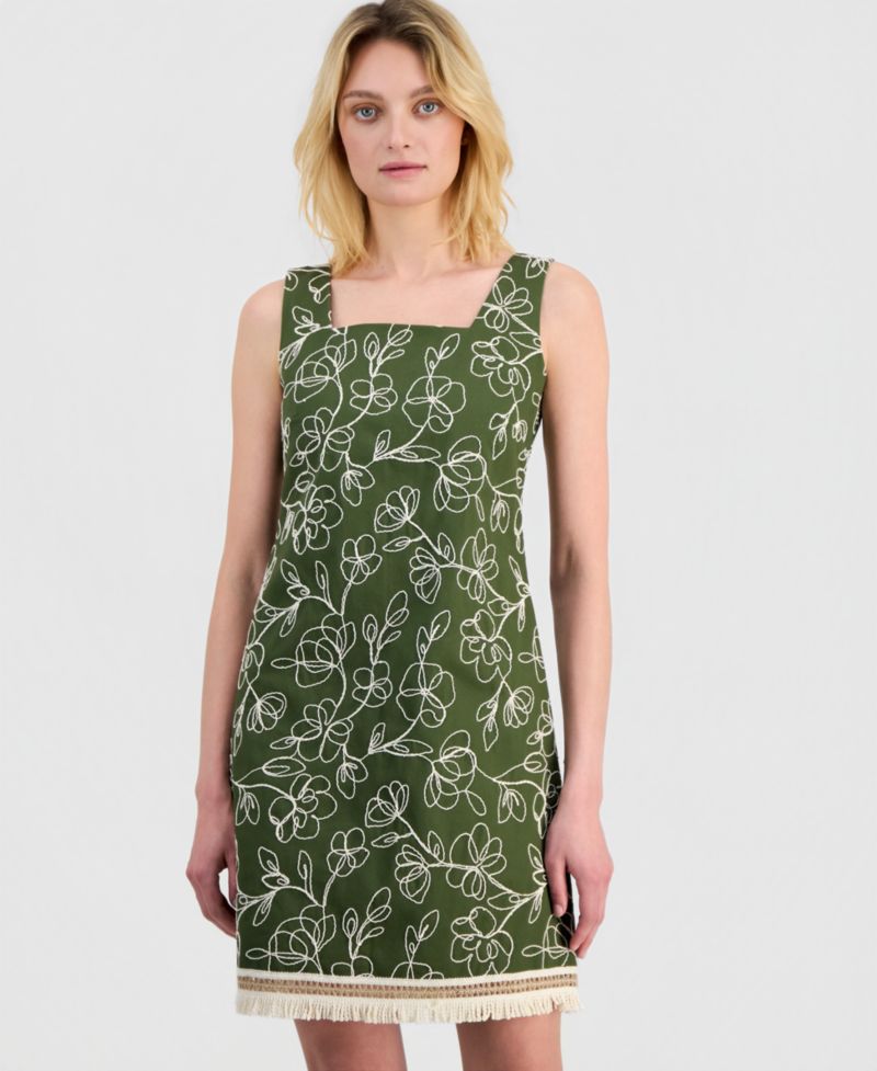 Petite Embroidered Square Neck Short Tank Dress