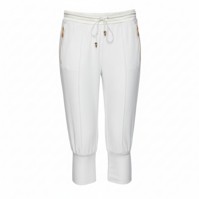 Women's White Cotton Rib Knit Detailed Cropped Joggers