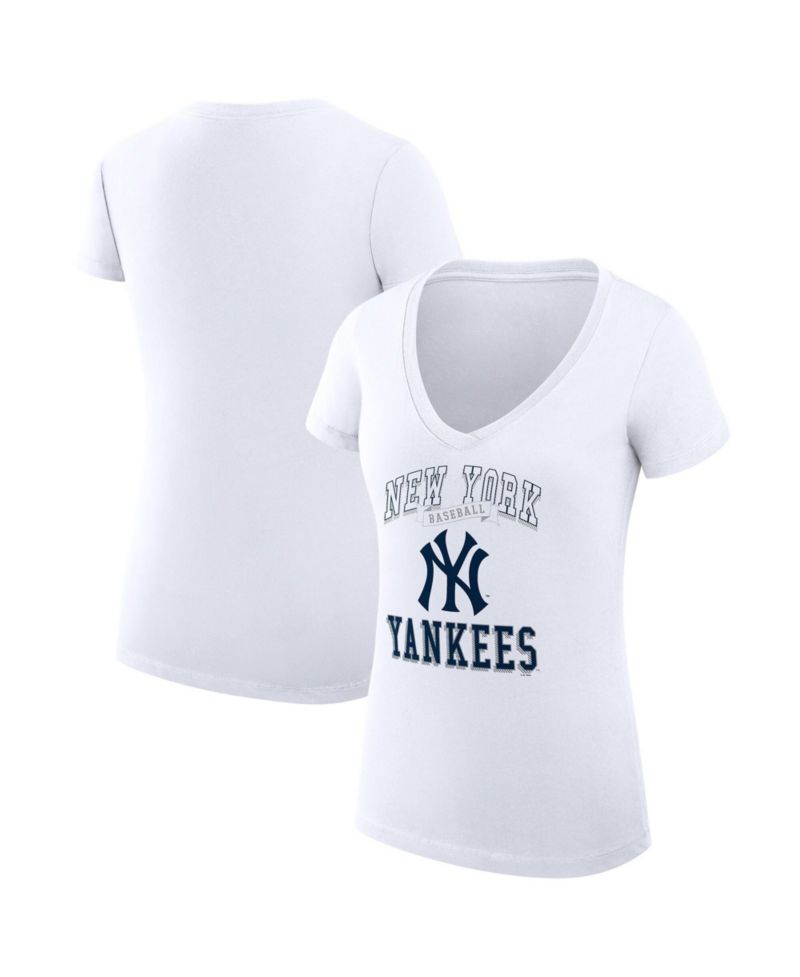 Women's White New York Yankees Super-Slim Fit Lightweight Team Logo Graphic V-Neck T-Shirt