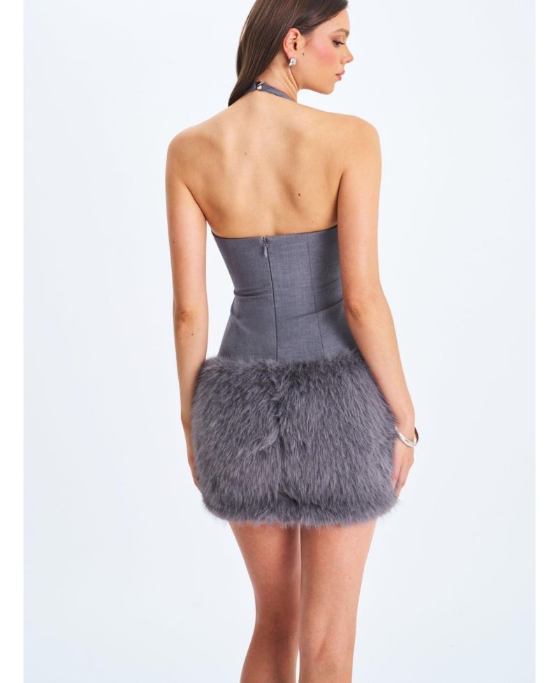 Women's Daisy Grey Drop Waist Faux Fur Trim Halter Mini Dress