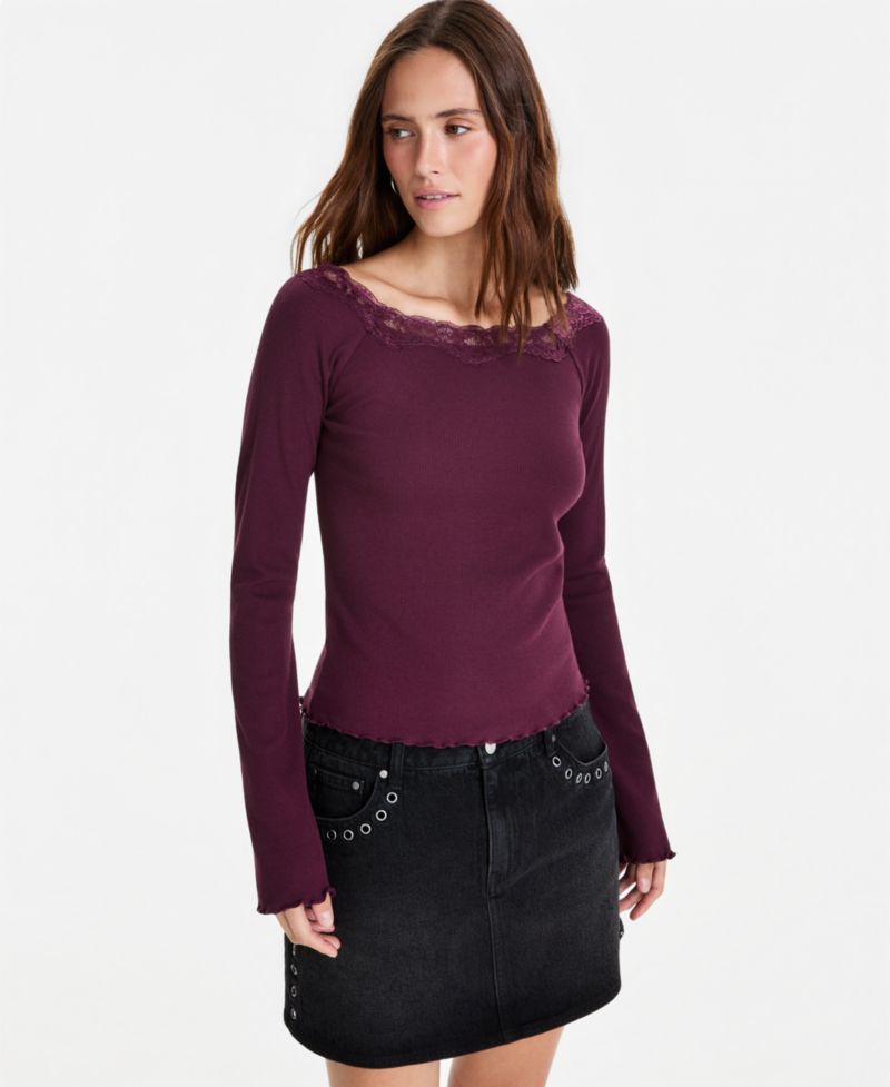 Petite Lace-Trim Scoop-Neck Long-Sleeve Top