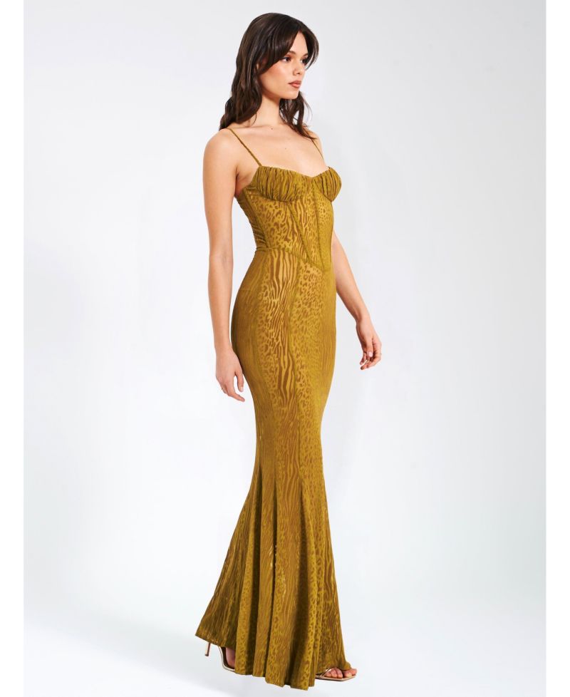 Women's Ulani Gold Burnout Velvet Detail Mesh Maxi Dress