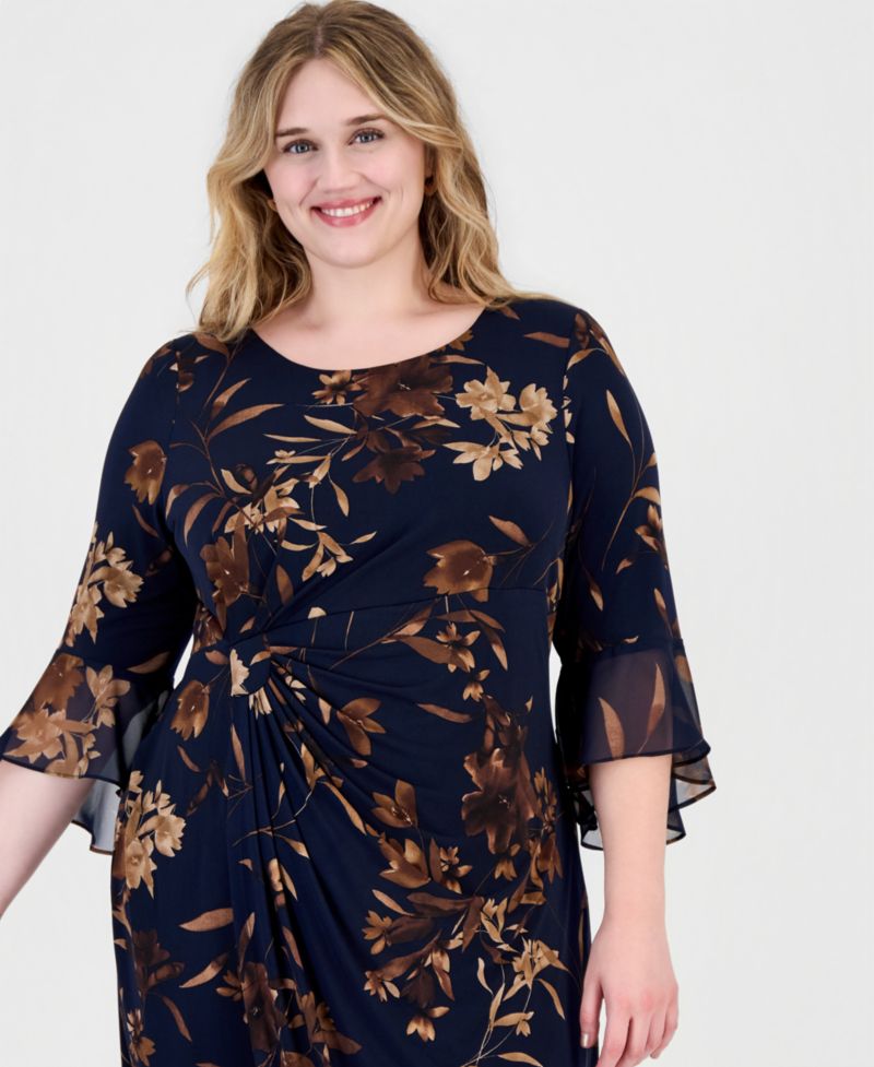 Petite Side Tab Floral 3/4-Sleeve Flounce-Cuff Dress