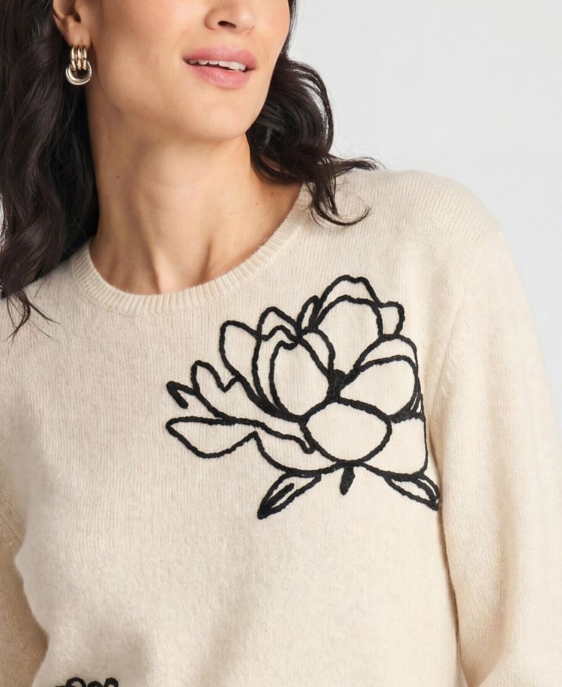 Women's Chenille Floral Embroidery Crewneck Sweater
