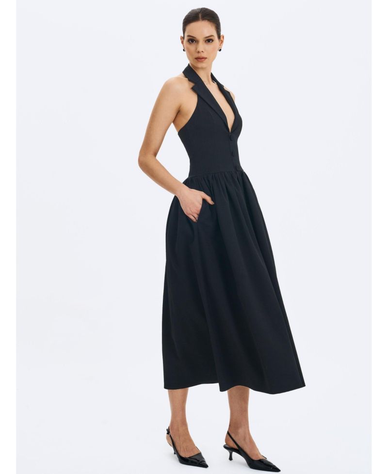 Women's Delaney Black Lapel Halter Midi A-Line Dress