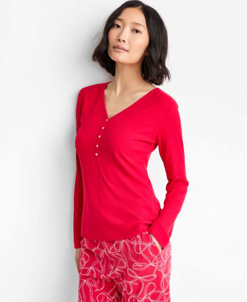 Women's Long-Sleeve Ribbed Henley Sleep Top XS-3X