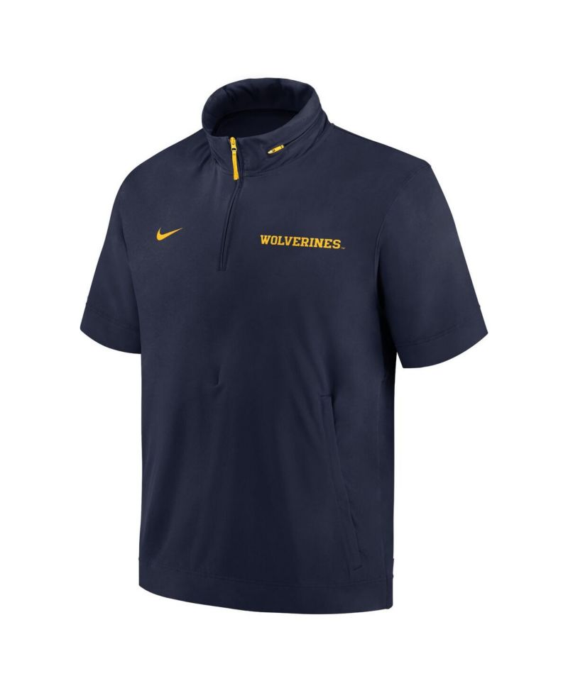 Men's Navy Michigan Wolverines 2024 Sideline Coach Short Sleeve Half-Zip Hoodie Jacket