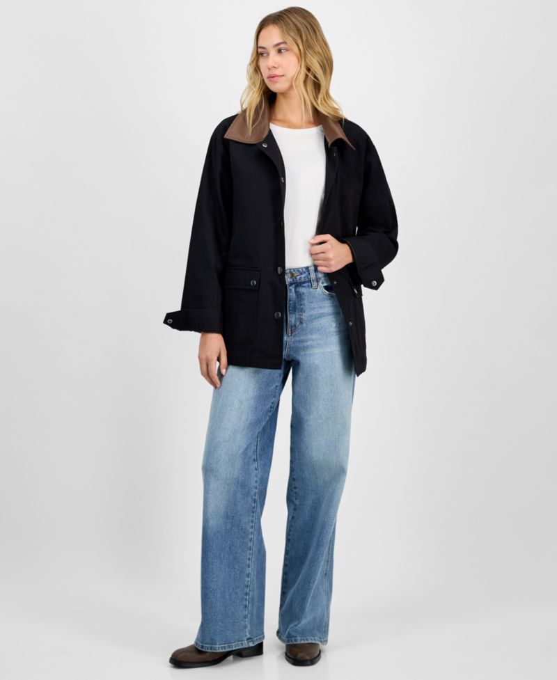 Juniors' Contrast-Collar Snap-Front Barn Jacket