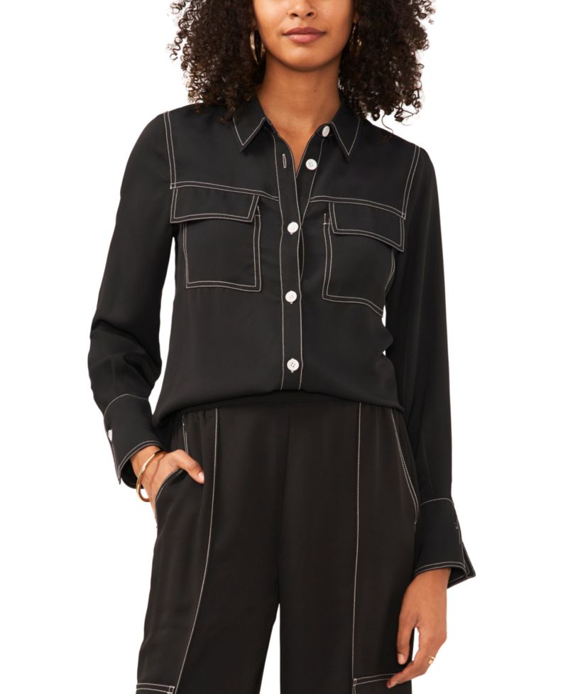 Women's Contrast Stitch Button Front Collared Top