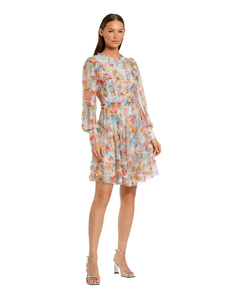 Women's Floral Mesh Ruffle High Neck Mini Dress
