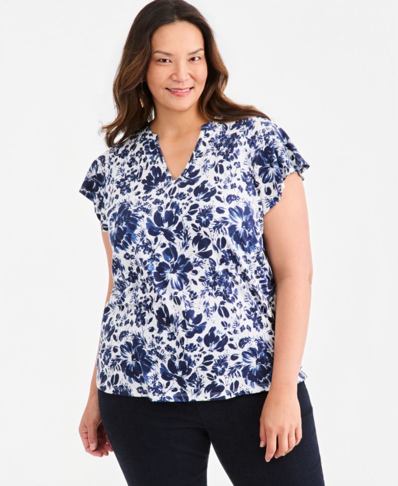 Plus Size Printed V-Neck Flutter-Sleeve Top