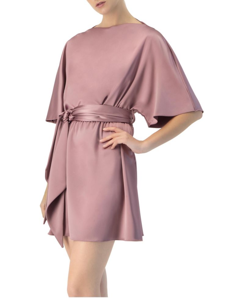 Women's Short Satin Dress with Waist Tie