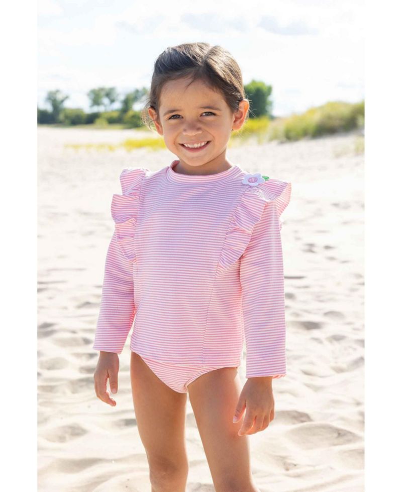 Big Girls Stripe Seersucker Rashguard Swimsuit with Flower