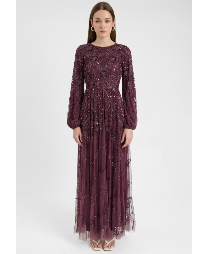 Women's Modest Embellished Sequin Beaded Dress Maxi With Boat Neck