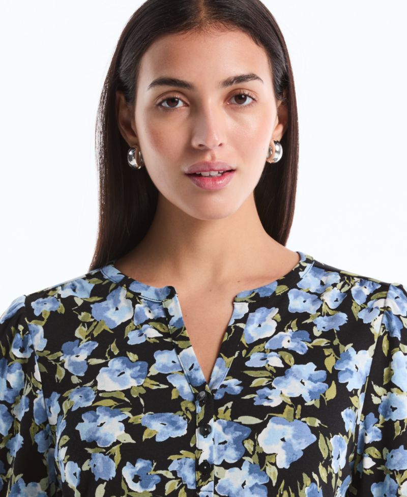 Petite Floral Print Shirred Henley Neck Top