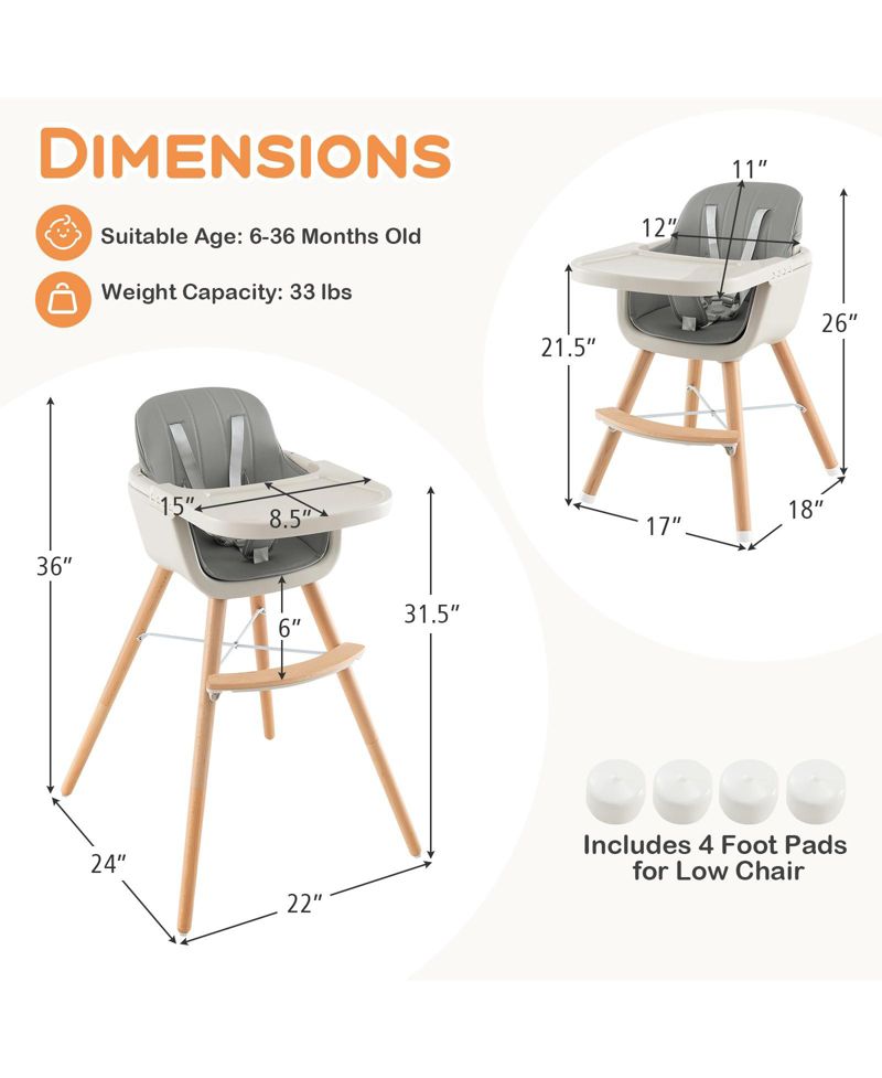3-in-1 Convertible Wooden Baby High Chair with Cushion