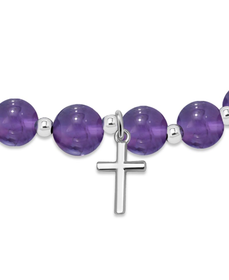 Silver-Plated Beaded Cross Charm Stretch Bracelet