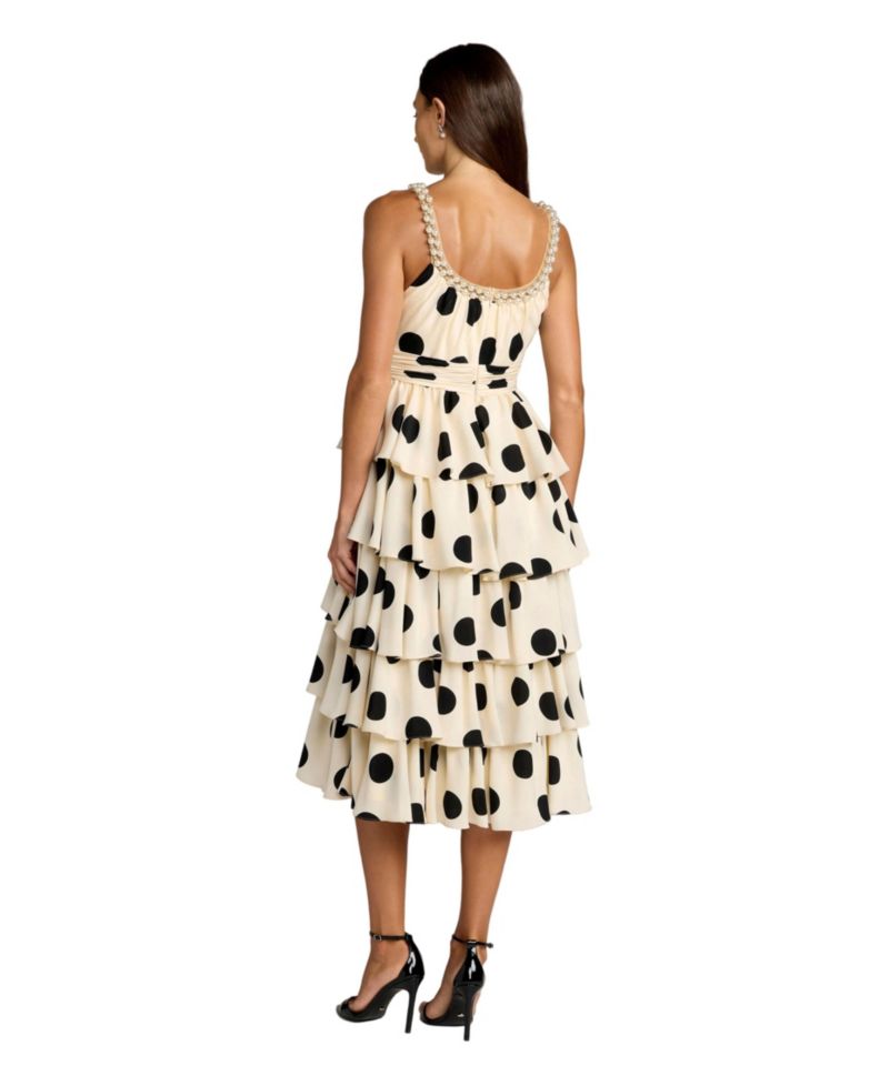 Women's Polka Dot Charmeuse Scoop Neck Ruffle Midi Dress