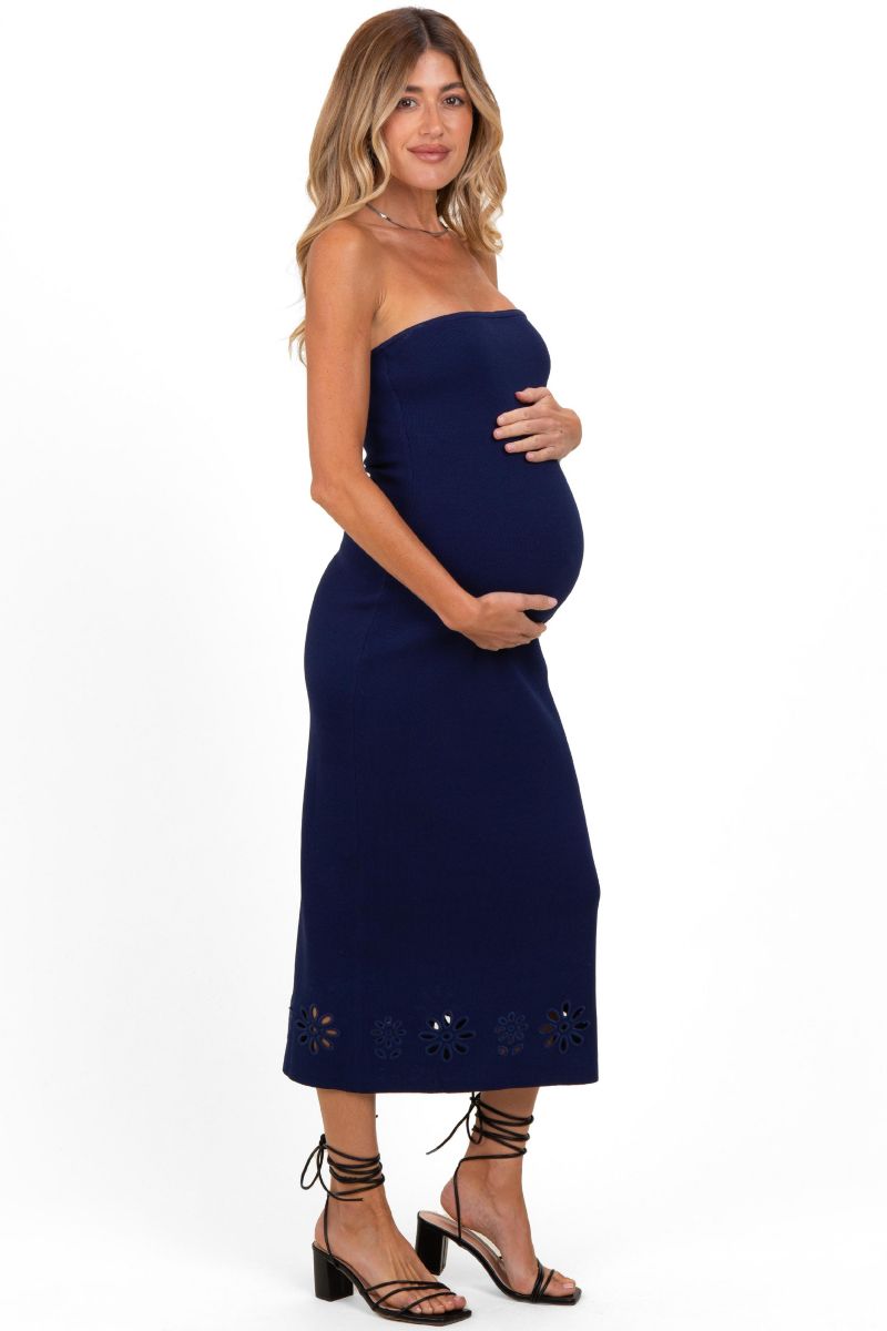 Women's Navy Strapless Laser Cut Lace Floral Detail Dress