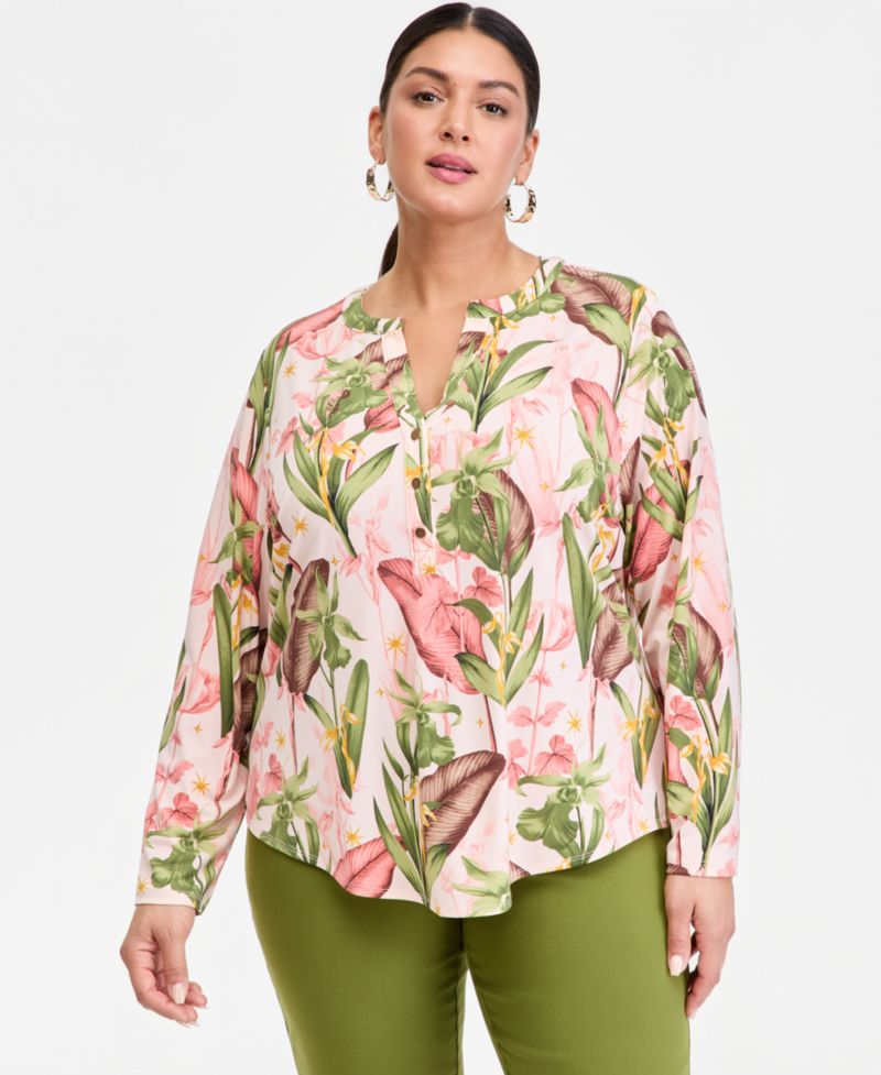 Plus Size Printed Split-Neck Long-Sleeve Top