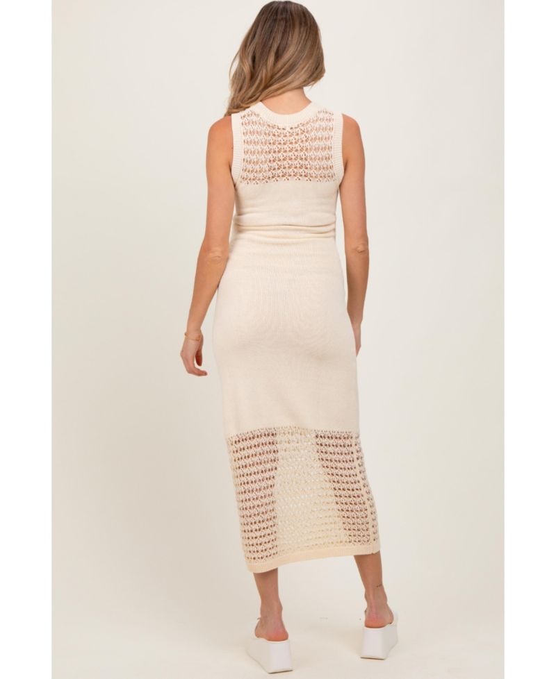 Women's Cream Crochet Knit Sleeveless Maxi Dress