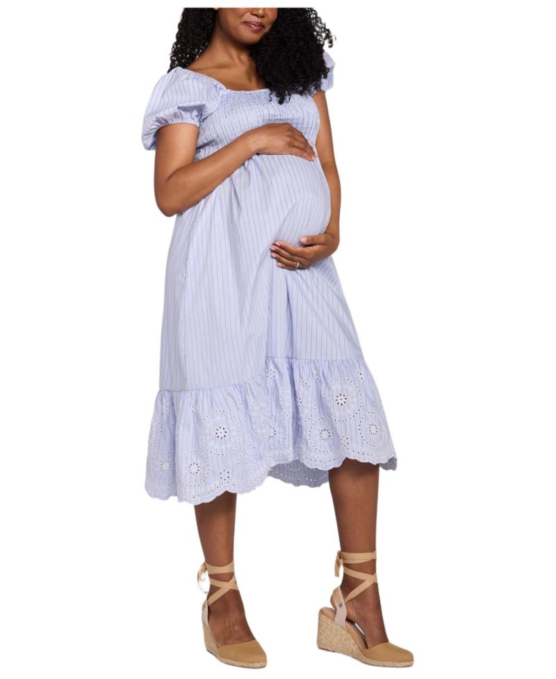 Women's Motherhood Smocked Bodice with Puff Sleeves Midi Dress