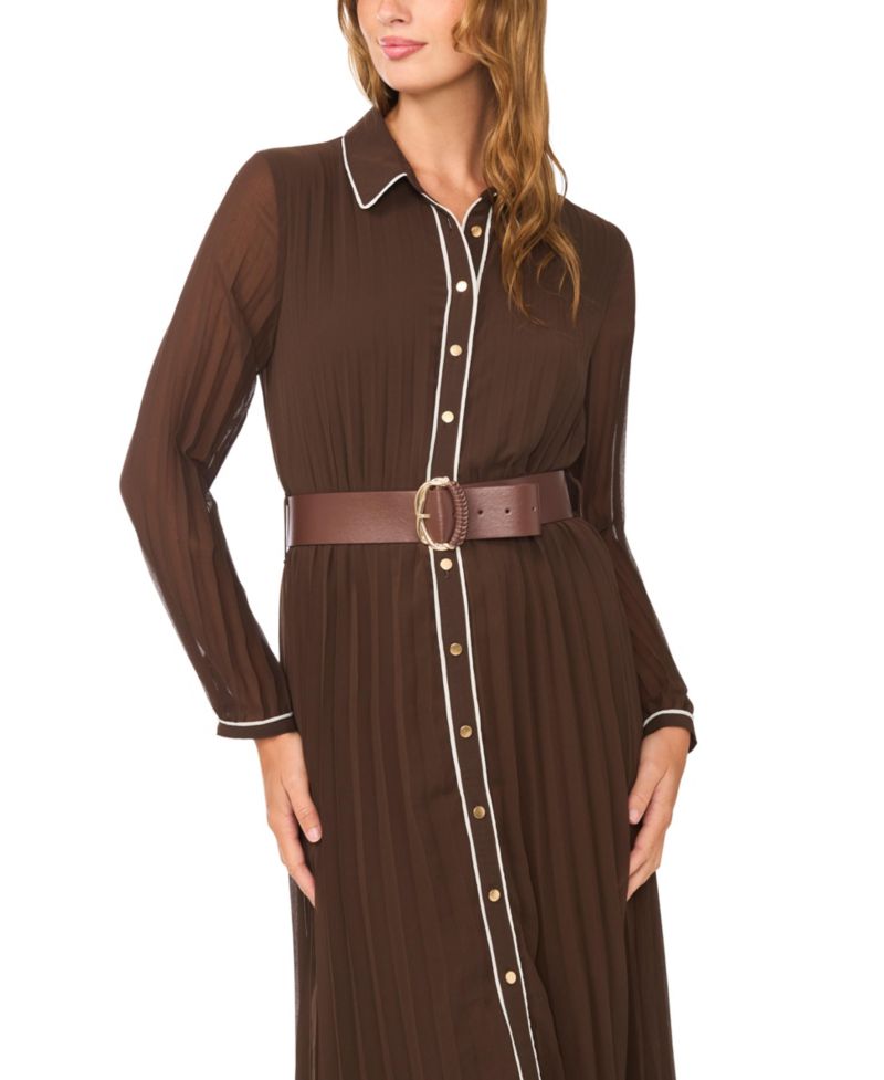 Women's Pleated Long-Sleeve Midi Dress