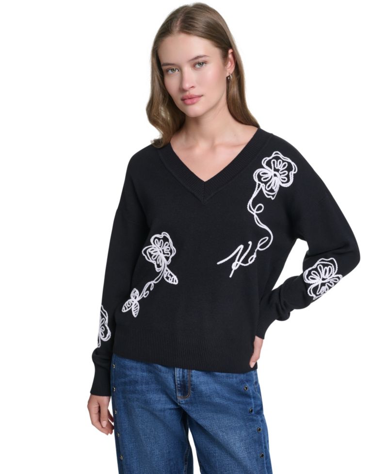 Women's Karl Floral Embroidery V-Neck Sweater