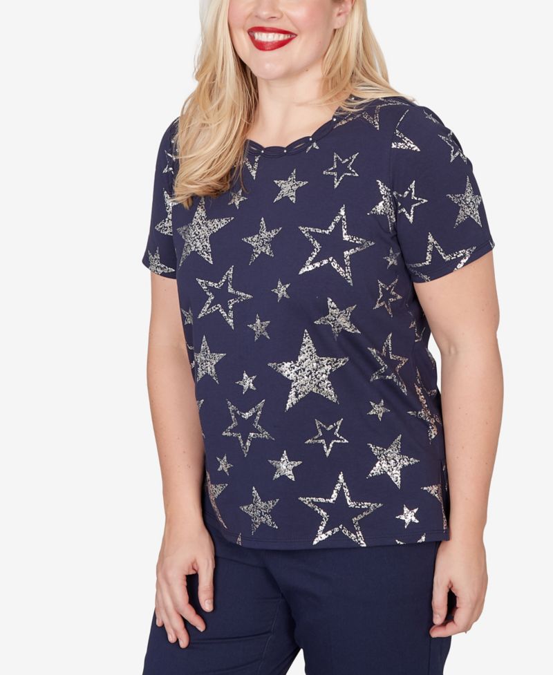 Petite Lady Liberty Sparkling Foil Stars Short-Sleeve T-Shirt
