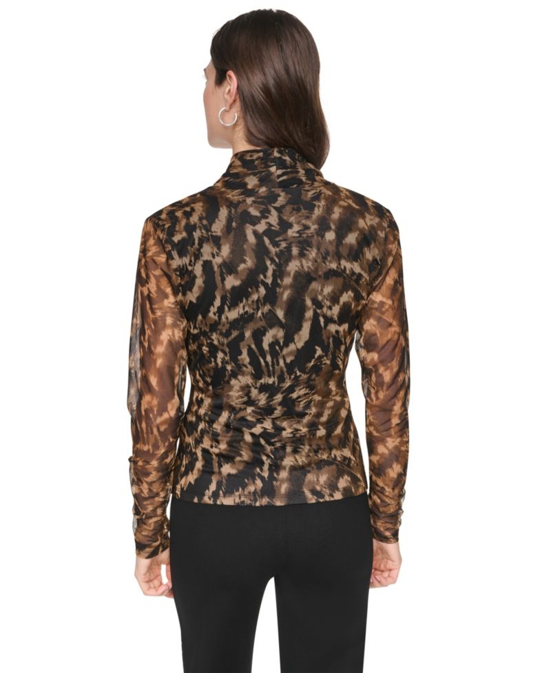 Women's Printed Mesh V-Neck Long-Sleeve Top