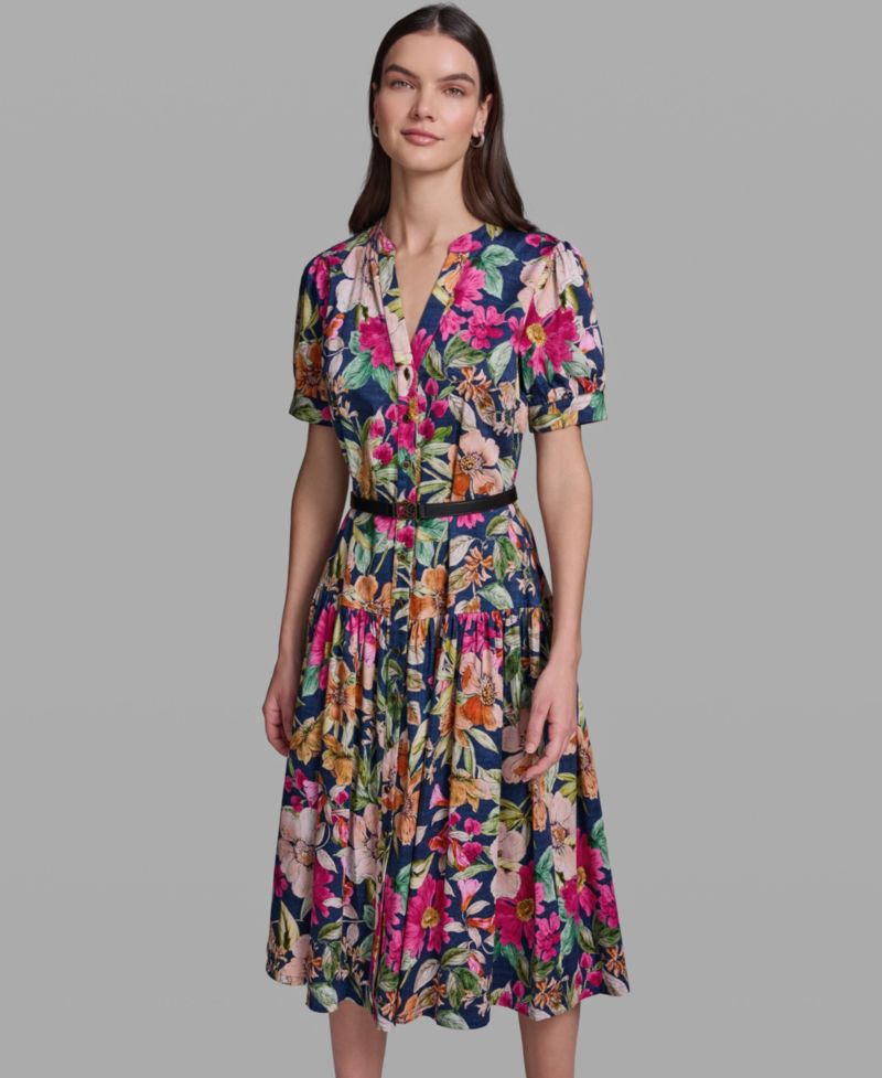 Women's Floral Printed V-Neck Belt Dress