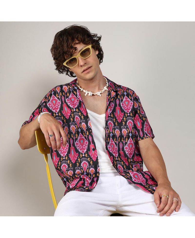 Men's Midnight Black & Light Pink Ethnic Shirt