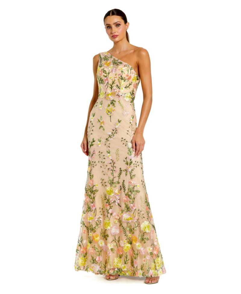 Petite One Shoulder Lace Embroidered Gown