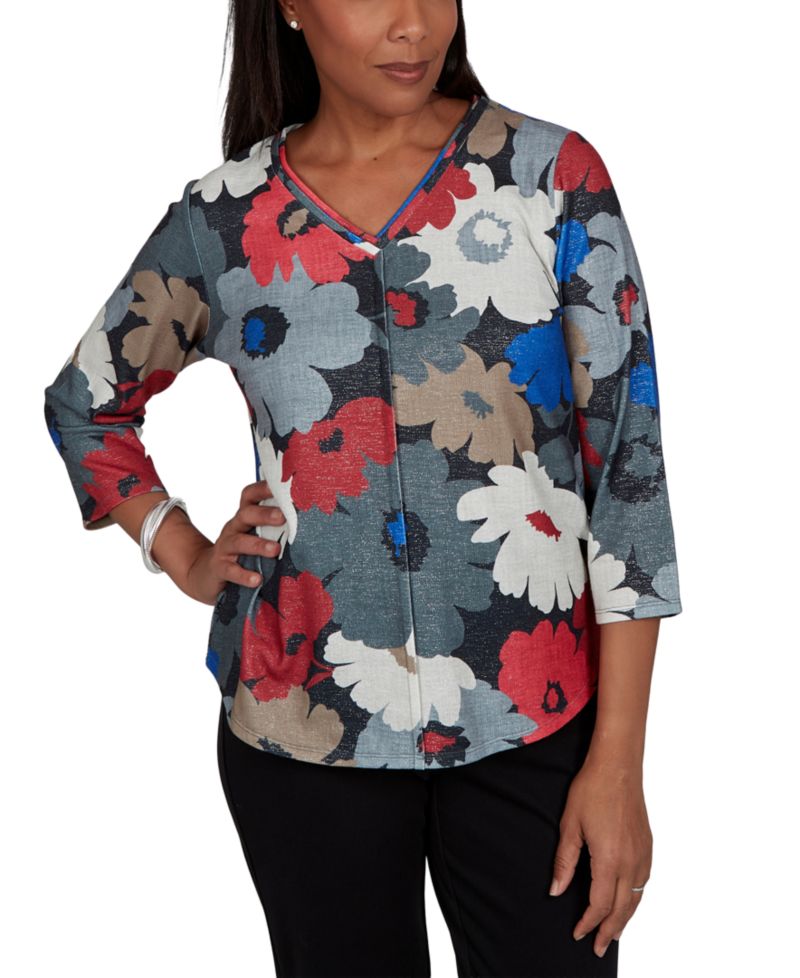 Women's Floral V-Neck 3/4-Sleeve Blouse