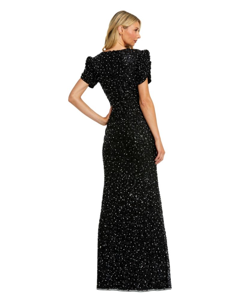 Petite Embellished Mesh High Neck Puff Sleeve Gown