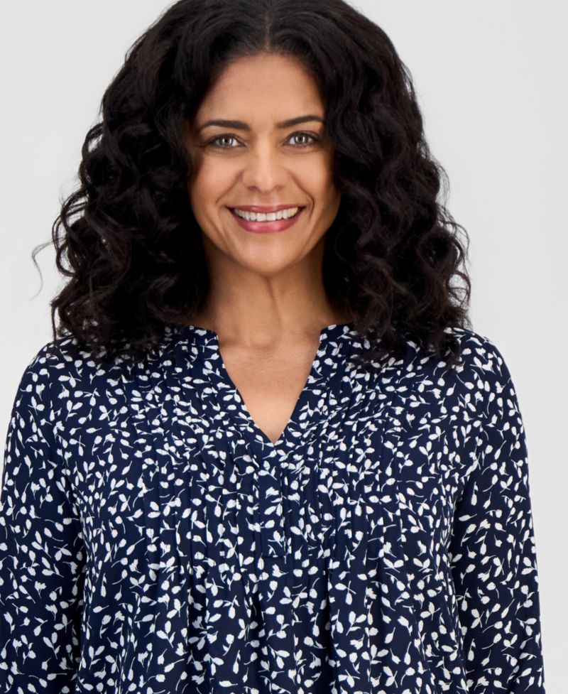 Women's Petite Printed Pintuck Ruffle-Sleeve Top