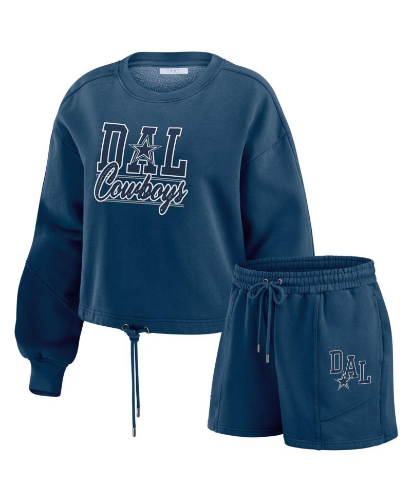 Women's Navy Dallas Cowboys Washed Fleece Long Sleeve T-Shirt Shorts Lounge Set