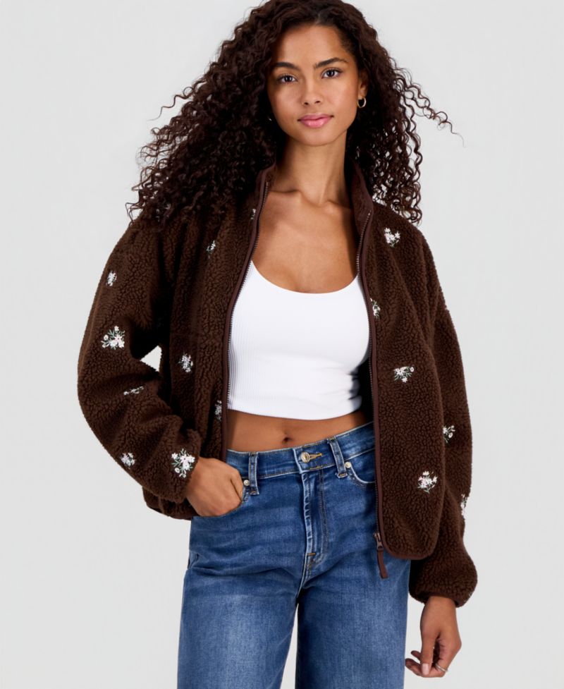 Juniors' Floral Embroidered Zip-Front Fleece Jacket
