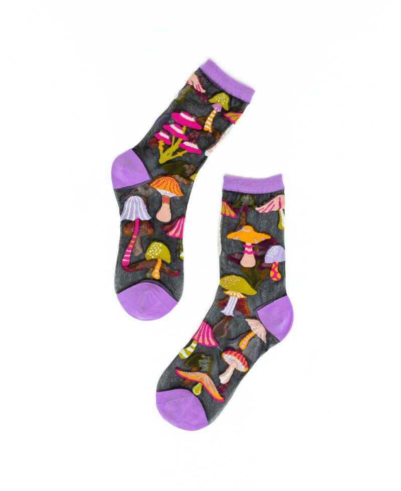 Women's Magic Mushrooms Black Sheer Sock