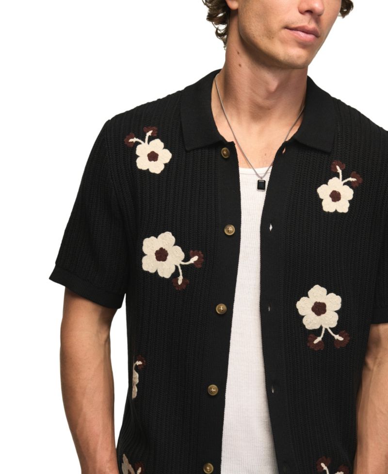 Men's Flower Embroidery Crotchet Button-Down Sweater