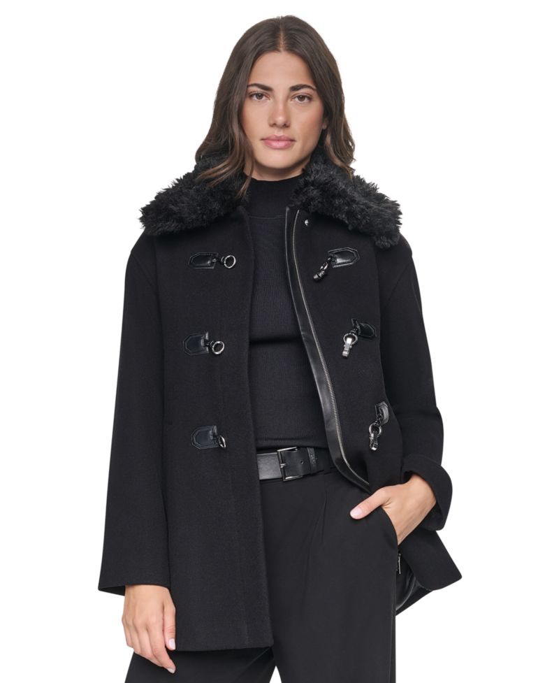 Women's Faux-Fur Collared Wool-Blend Mid-Length Coat