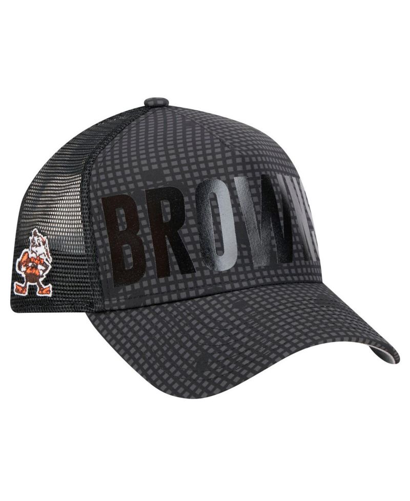 Men's Black Cleveland Browns Throwback Midnight Ink Tonal Text A-Frame Trucker 9FORTY Adjustable Hat
