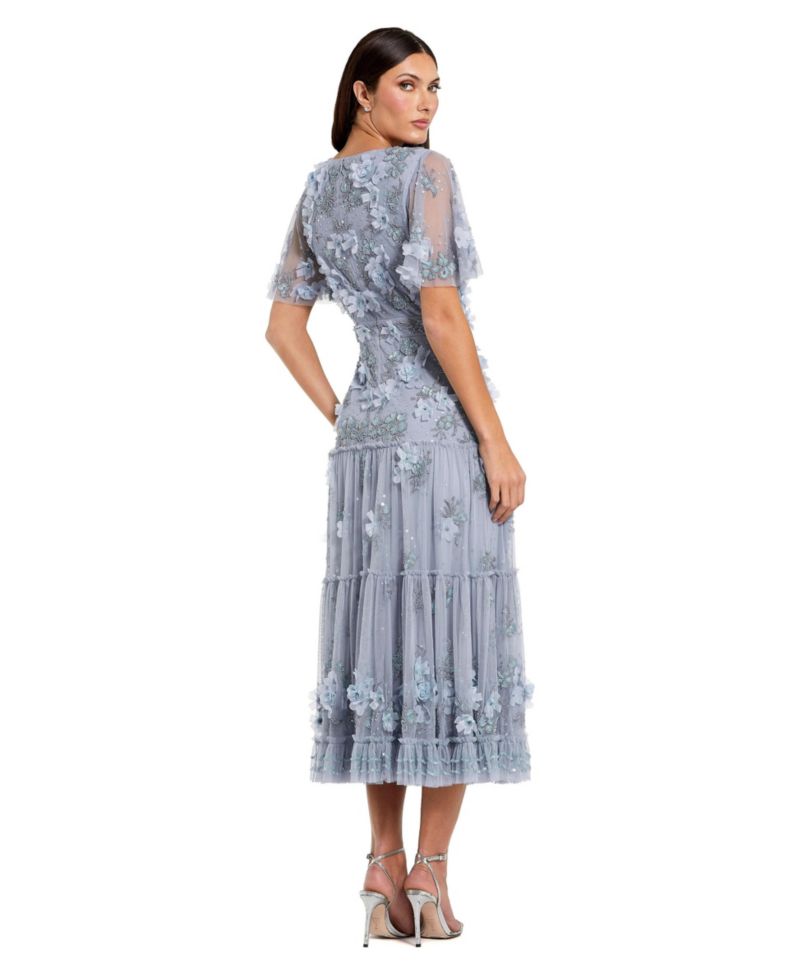 Women's Floral Applique Embellished Flutter Sleeve Midi Dress
